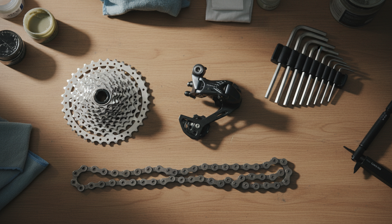 Bicycle drivetrain components and tools on a wooden workbench.