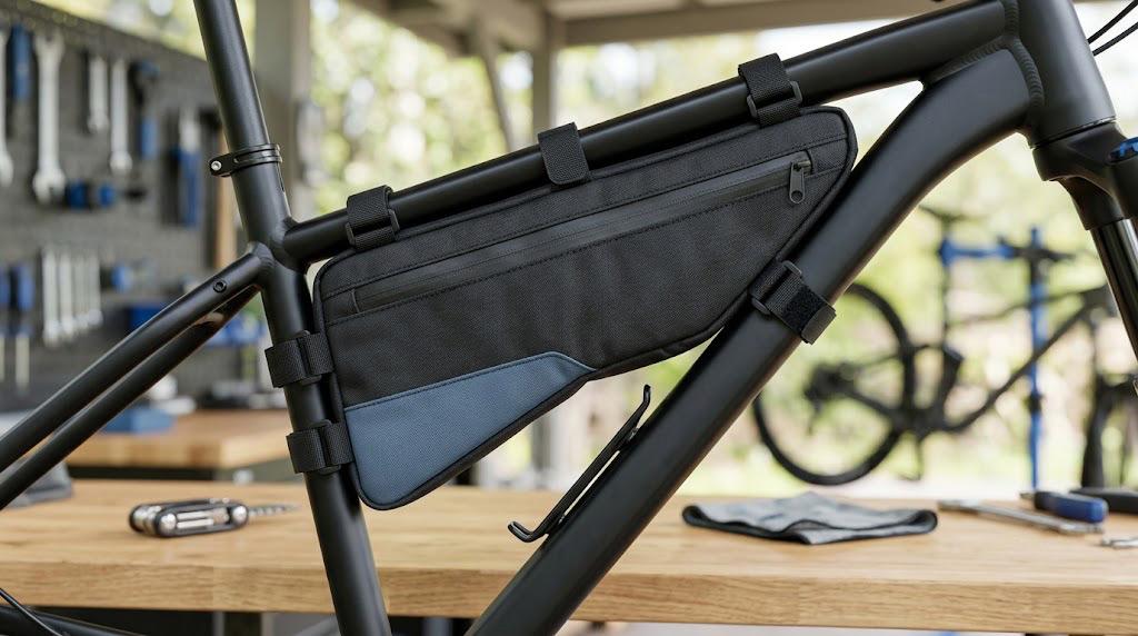 Close-up of a bicycle frame bag secured with straps inside the frame triangle