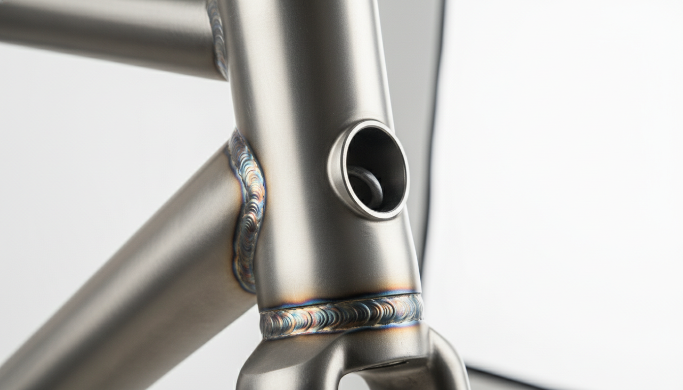 Close-up of a professional bicycle frame welding and structural design.