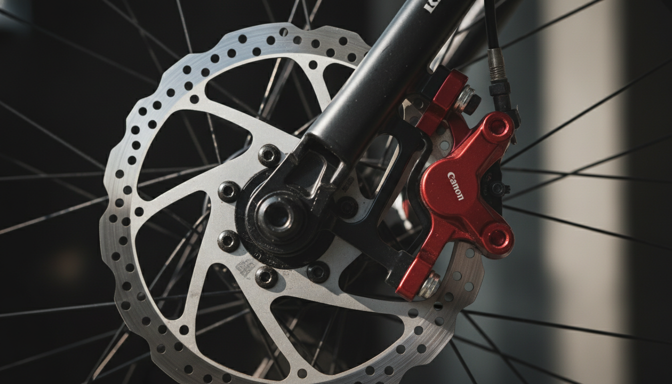 Detailed view of a bicycle mechanical disc brake system.