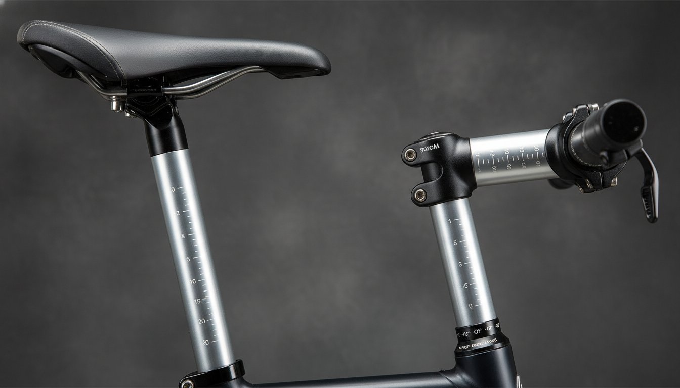 Bicycle seat post and stem with measurement markings for sizing.
