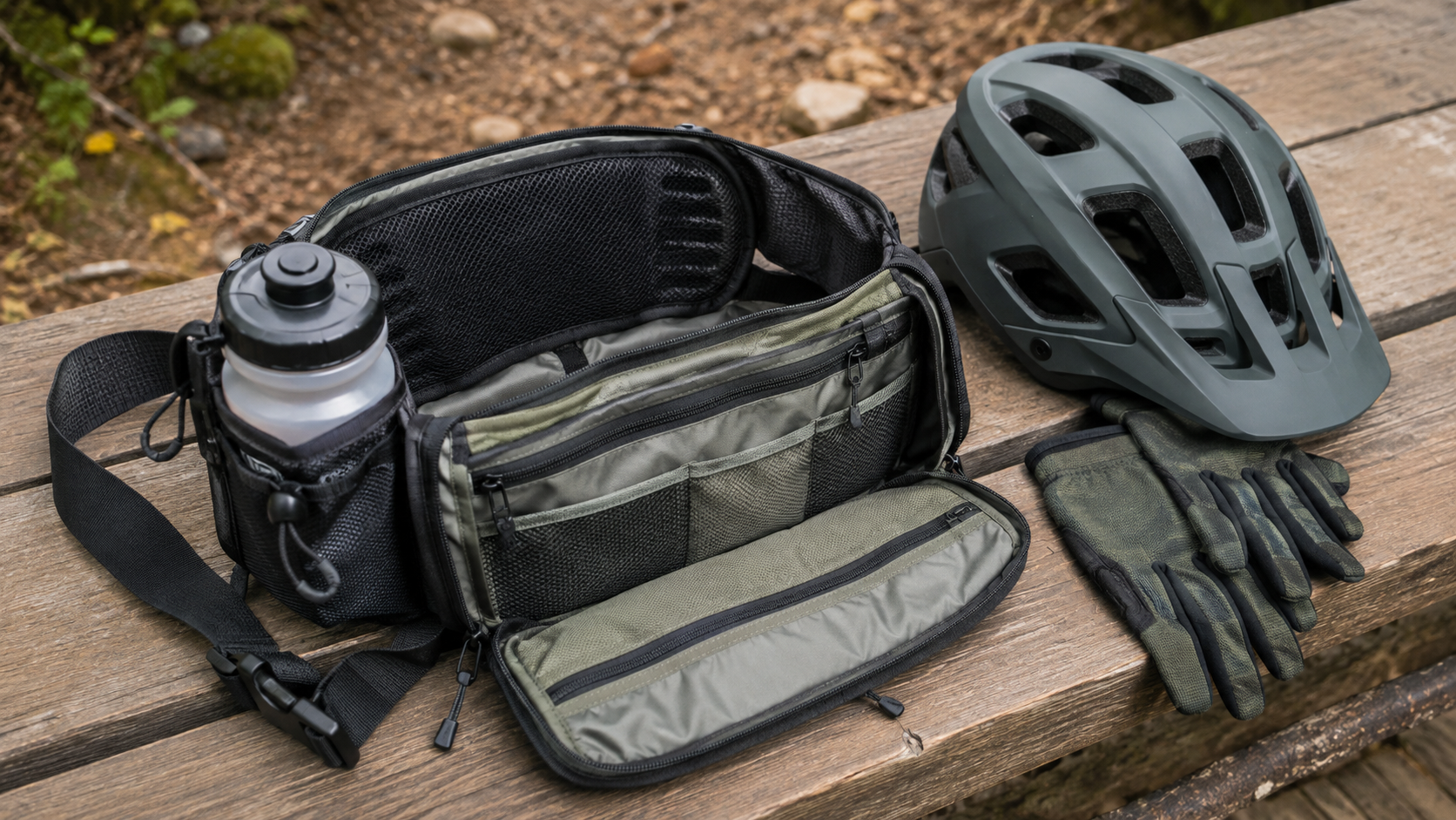 Bike hip pack showing bottle holder and storage layout