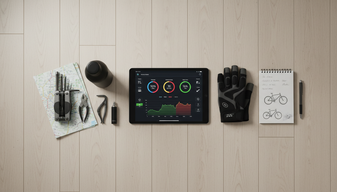 Professional flat lay of cycling gear and tools for a home setup.