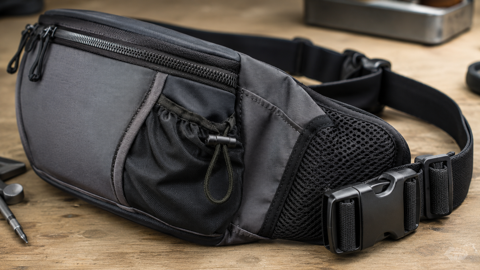 Close-up of cycling hip pack stitching, zipper, and mesh