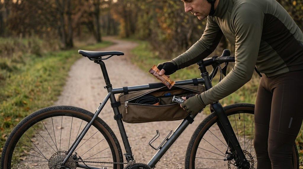 Cyclist accessing organized tools and snacks from a frame bag