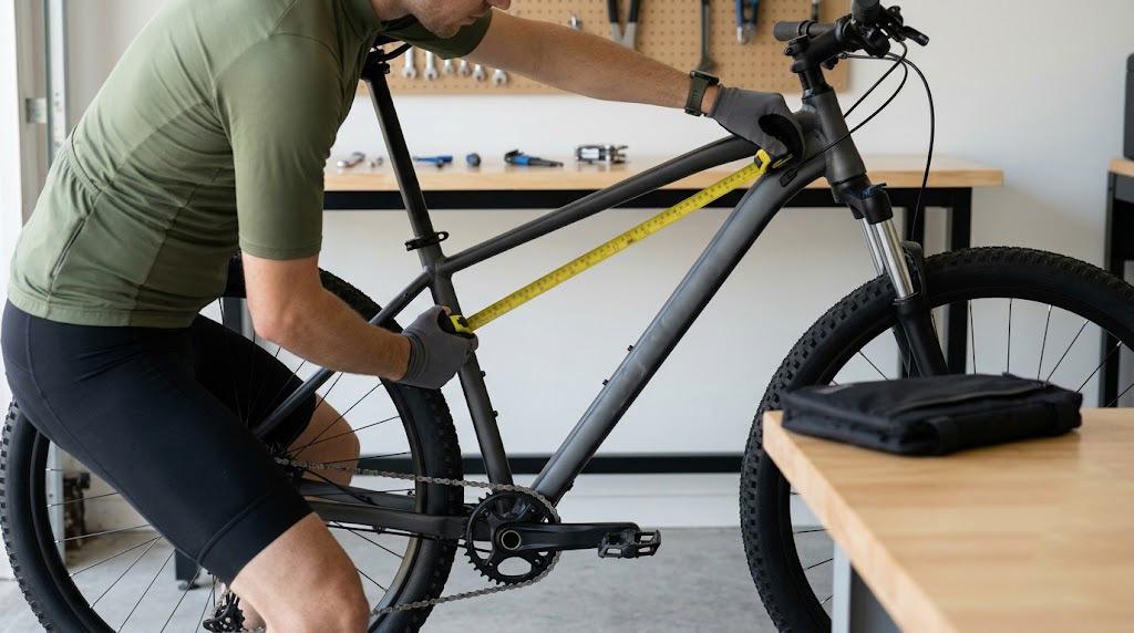 Cyclist measuring the inside triangle of a mountain bike frame