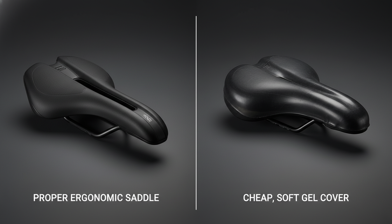 Comparison of a structured ergonomic saddle vs an overly soft gel seat.