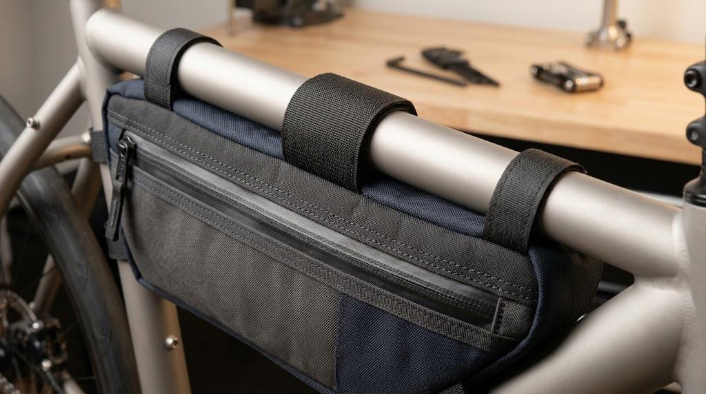 Close-up of frame bag fabric, zipper, stitching, and mounting strap