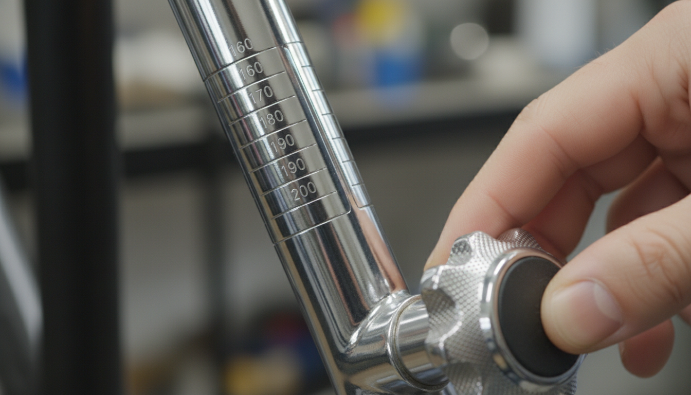 Close-up of a numbered seatpost adjustment system on an indoor cycle.