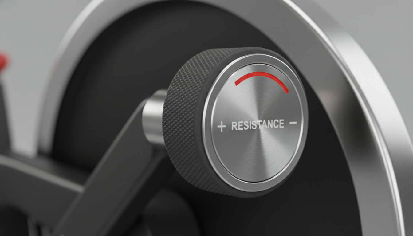 Macro detail of a high-quality magnetic resistance dial on an indoor cycle.