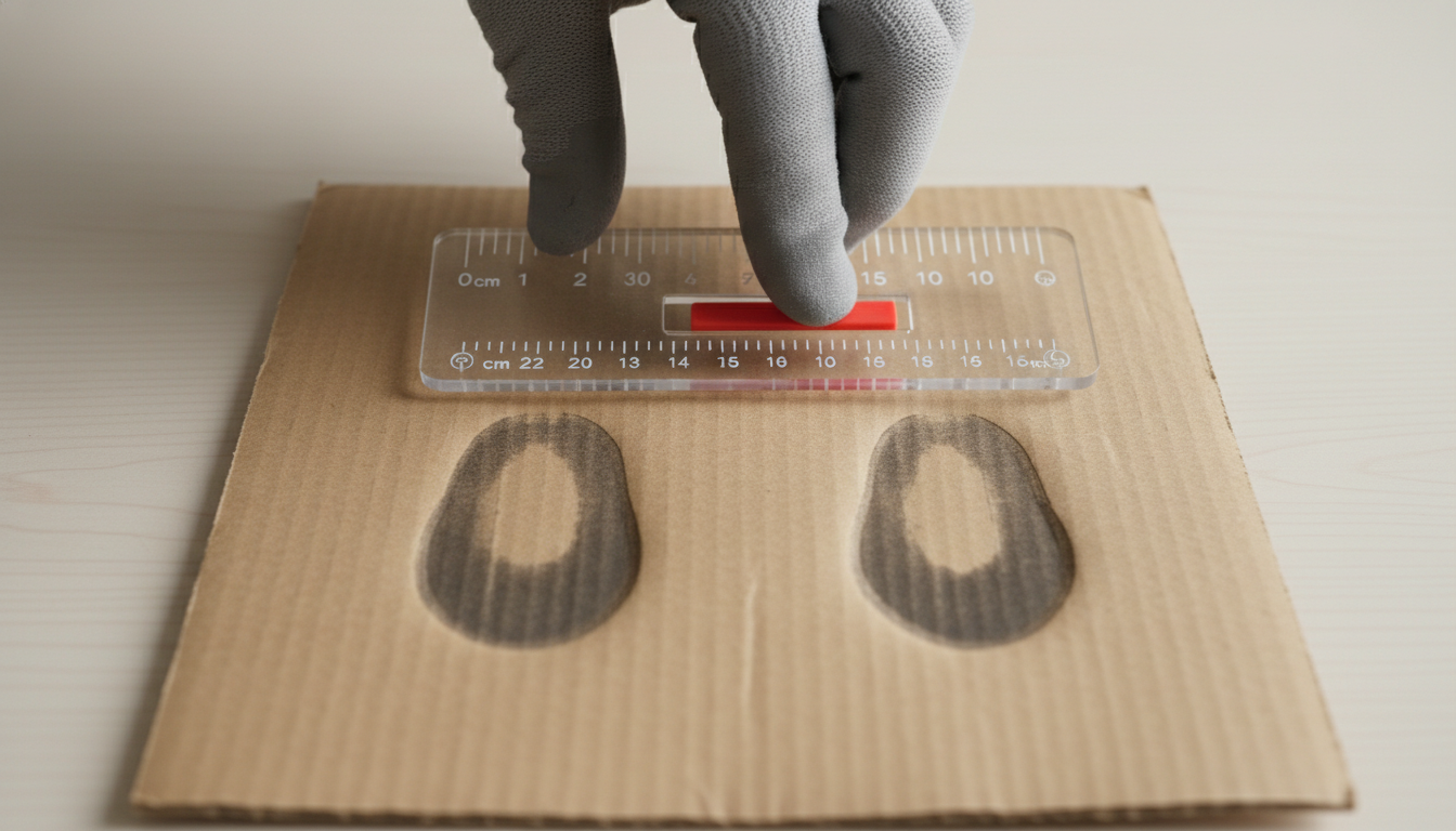 Measuring sit bone width on cardboard for bicycle saddle fit.