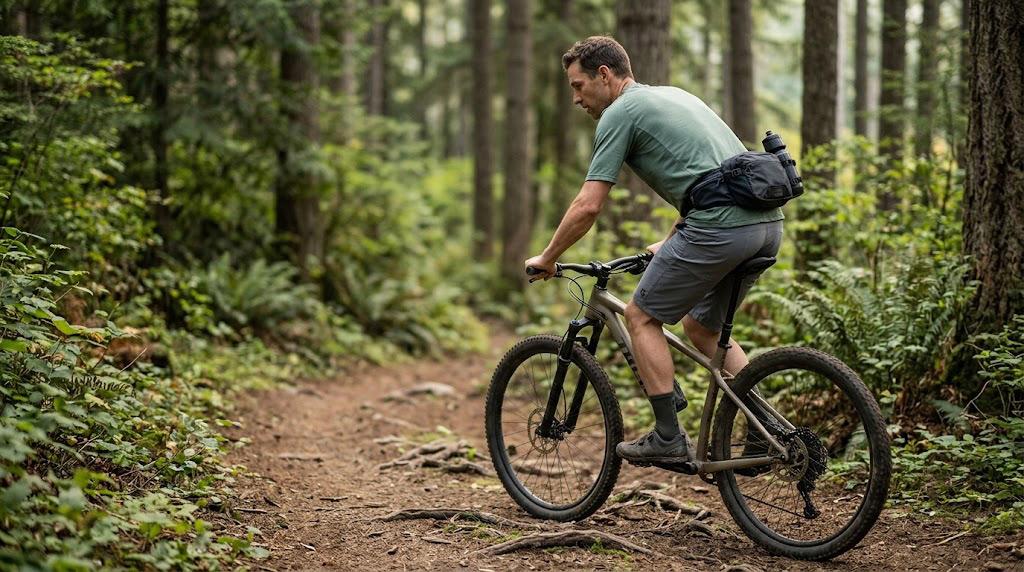 Mountain biker wearing a hip pack with bottle holder