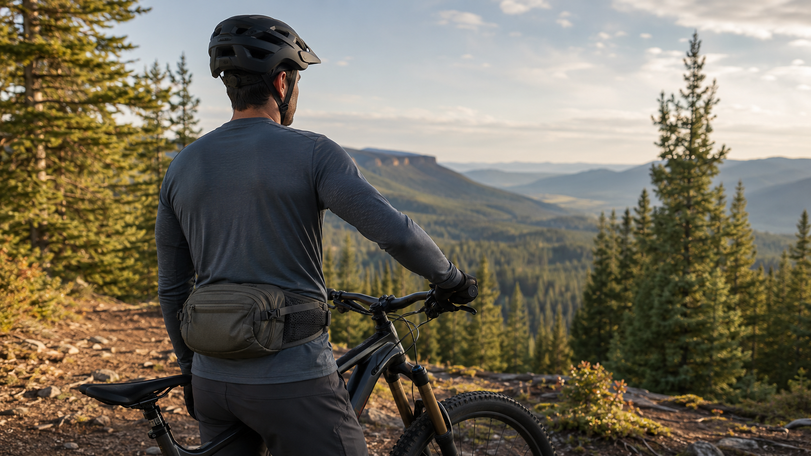Mountain biker wearing a low-profile padded hip pack