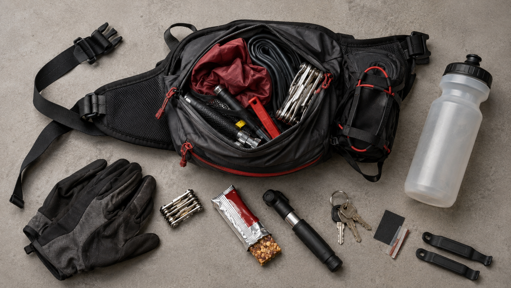 Oversized bottle and overpacked cycling hip pack