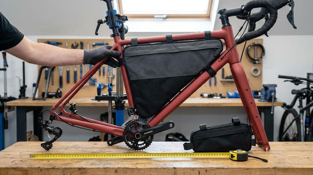 Oversized frame bag beside a compact bicycle with limited clearance